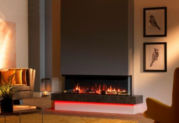 3 side fireplace with red lighting